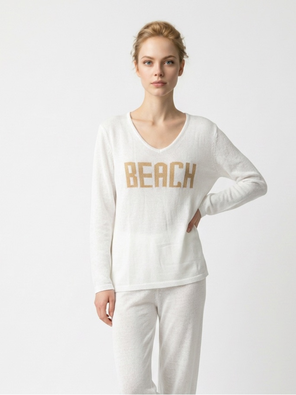 Source Unknown White V-Neck Pullover with Gold 'BEACH' Graphic
